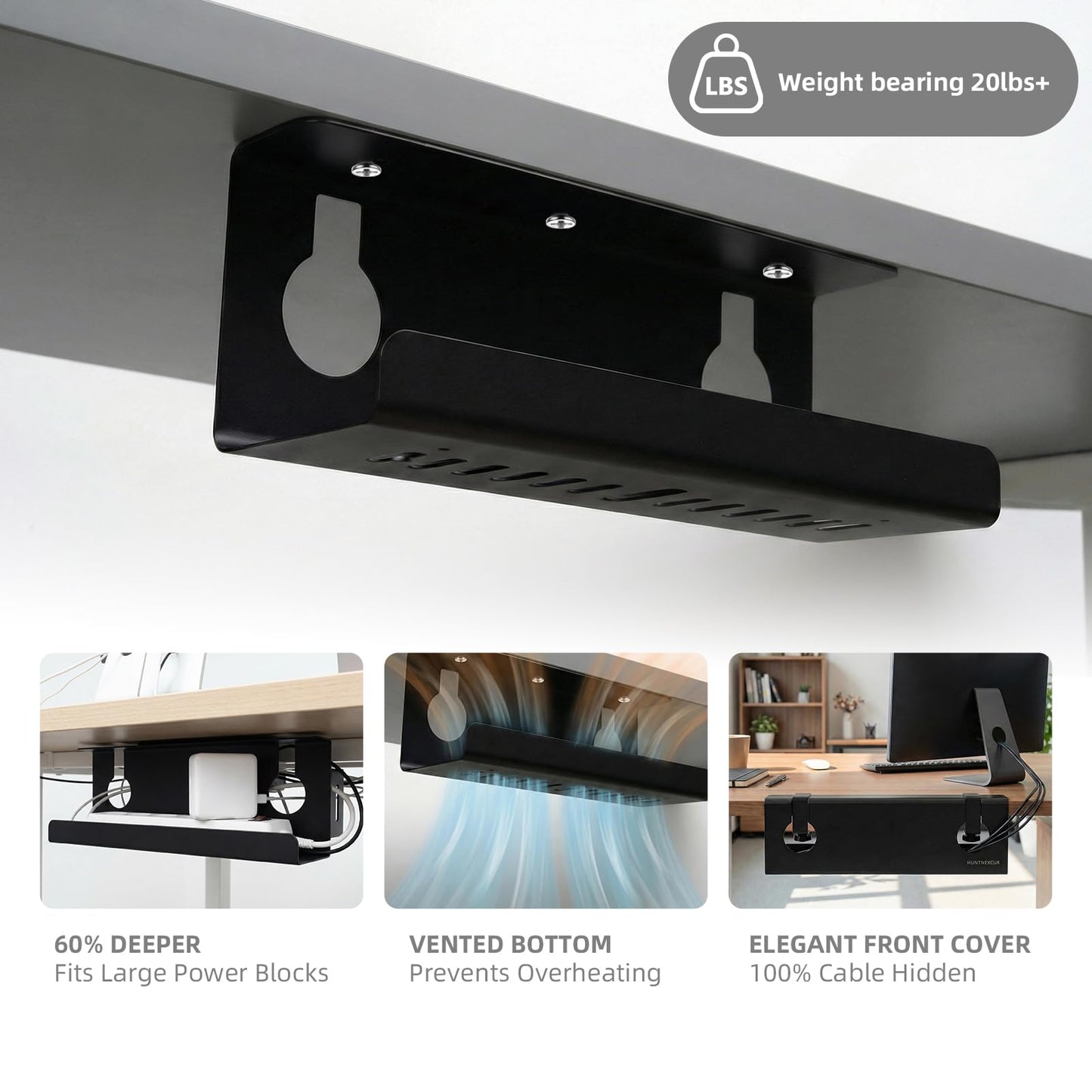 No Drill Under Desk Cable Management Tray with Clamp, Home/Office Desk Cord Organizer and Accessories Storage Shelf, 17'' Metal Cable Organizer for Standing/Gaming Desk, Office Supplies, Black 2 Set