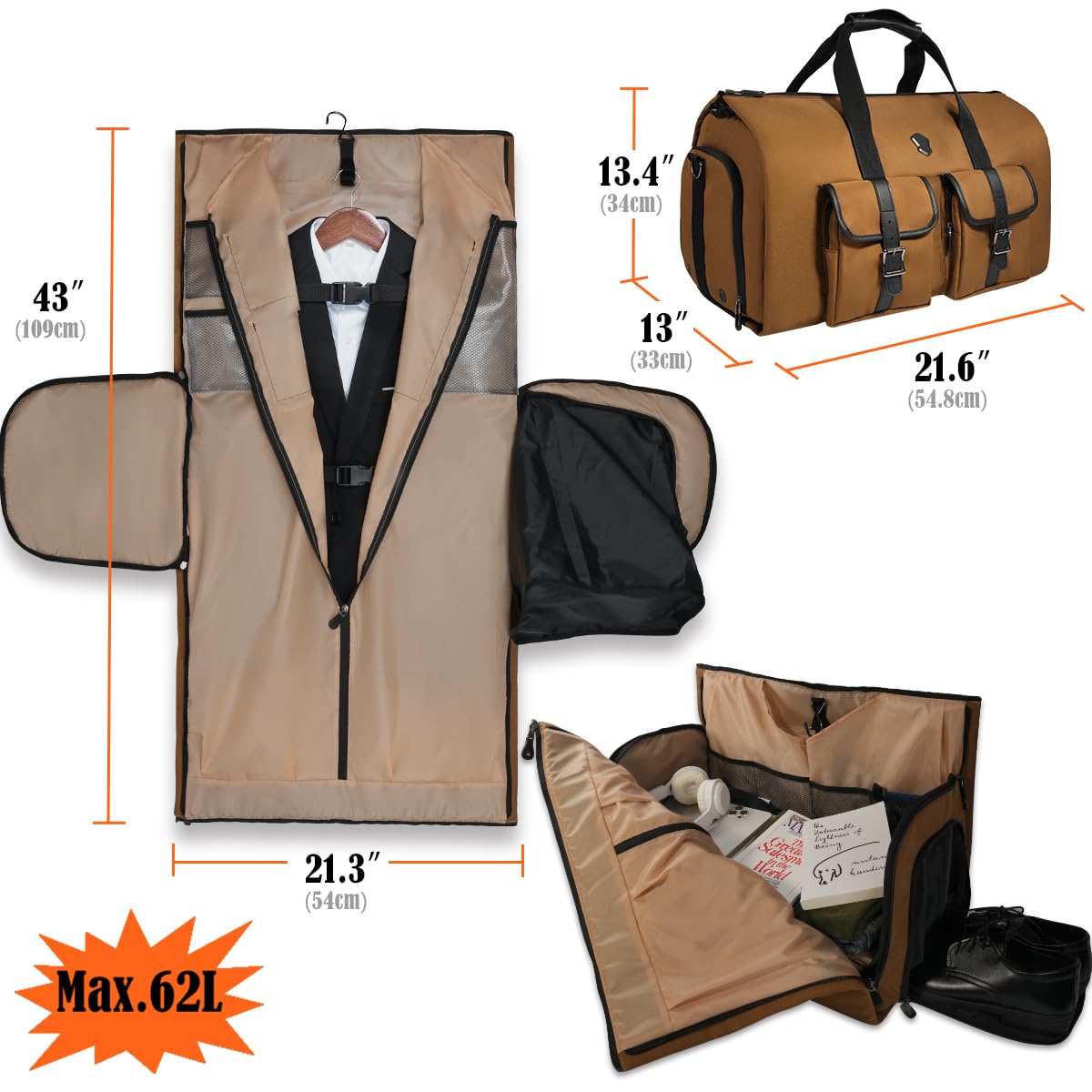 WELKINLAND 48H Garment Duffle Bags For Travel,10-Pockets Carry On Garment Bag, 3 Suit Travel Bags, 62L 2-In-1 Garment Duffel Bag, Convertible Garment bag, Boardable Garment Bag