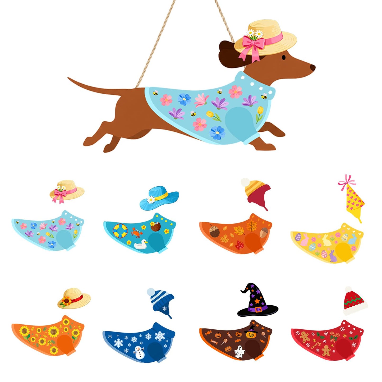 Interchangeable Wooden Dachshund Decoration, Xmas Hanging Wall Door Decor, Changeable Holiday Seasonal Decor and Detachable Hats Welcome Sign, Farmhouse Hanging Sign for Front Door, 16 PCS