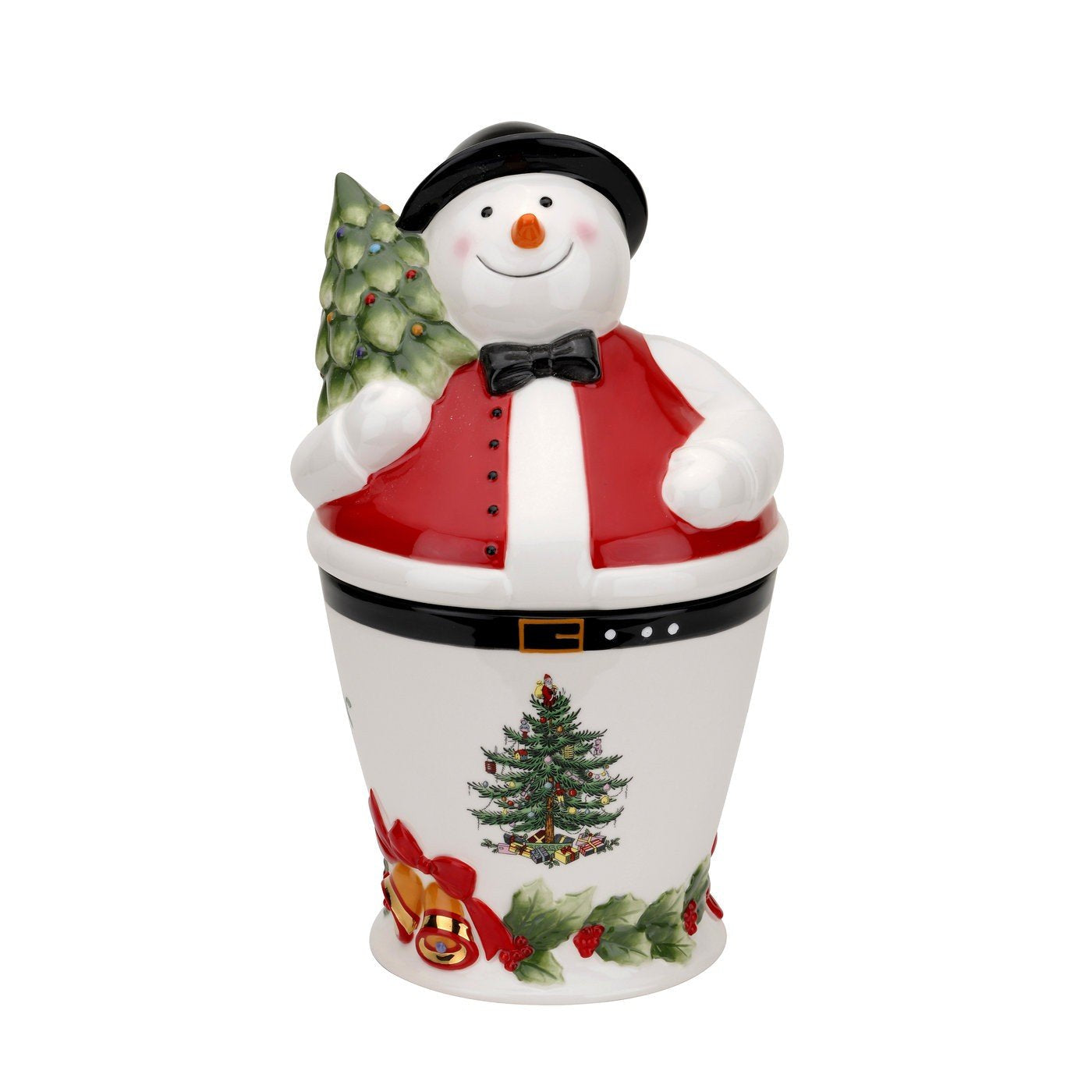 Spode Christmas Tree Mr. Snowman Cookie Jar - 10" Dolomite Christmas Jar with Lid - Winter-Themed Candy Jar for Kitchen Counter, Holiday Container, Festive Kitchen Decor, Seasonal Gift