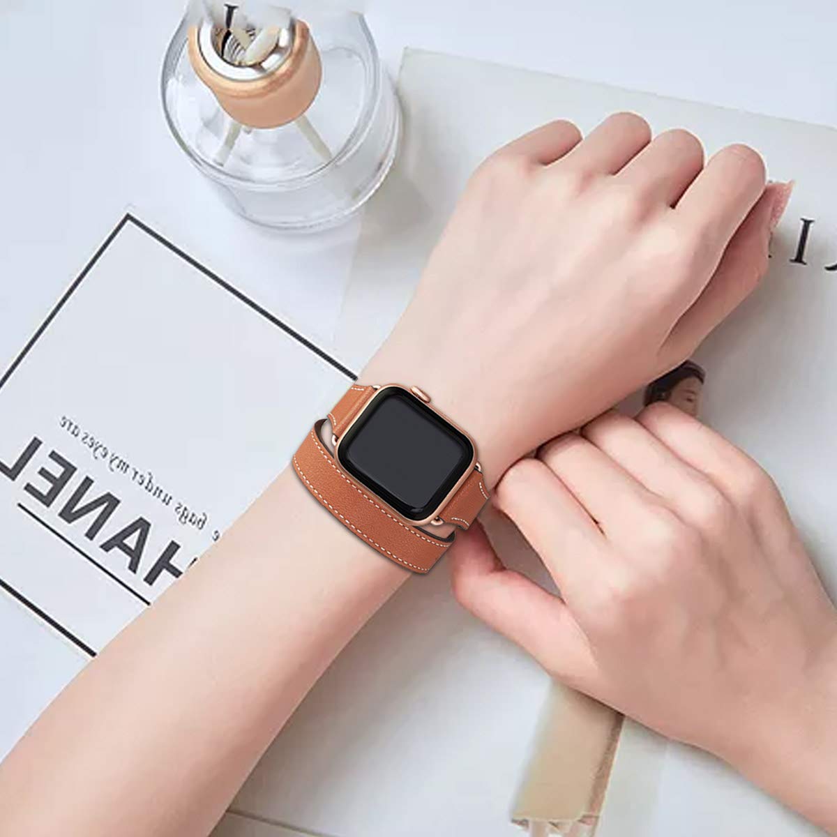 Bestig Bands Compatible with Apple Watch Band 40mm 41mm 38mm 42mm(Series 10 11) Women Men, Genuine Leather Double Tour Designed Slim Thin Strap for iWatch SE1/2/3 Ultra 3/2/1 Series 9 8 7 6 5 4 3 2 1