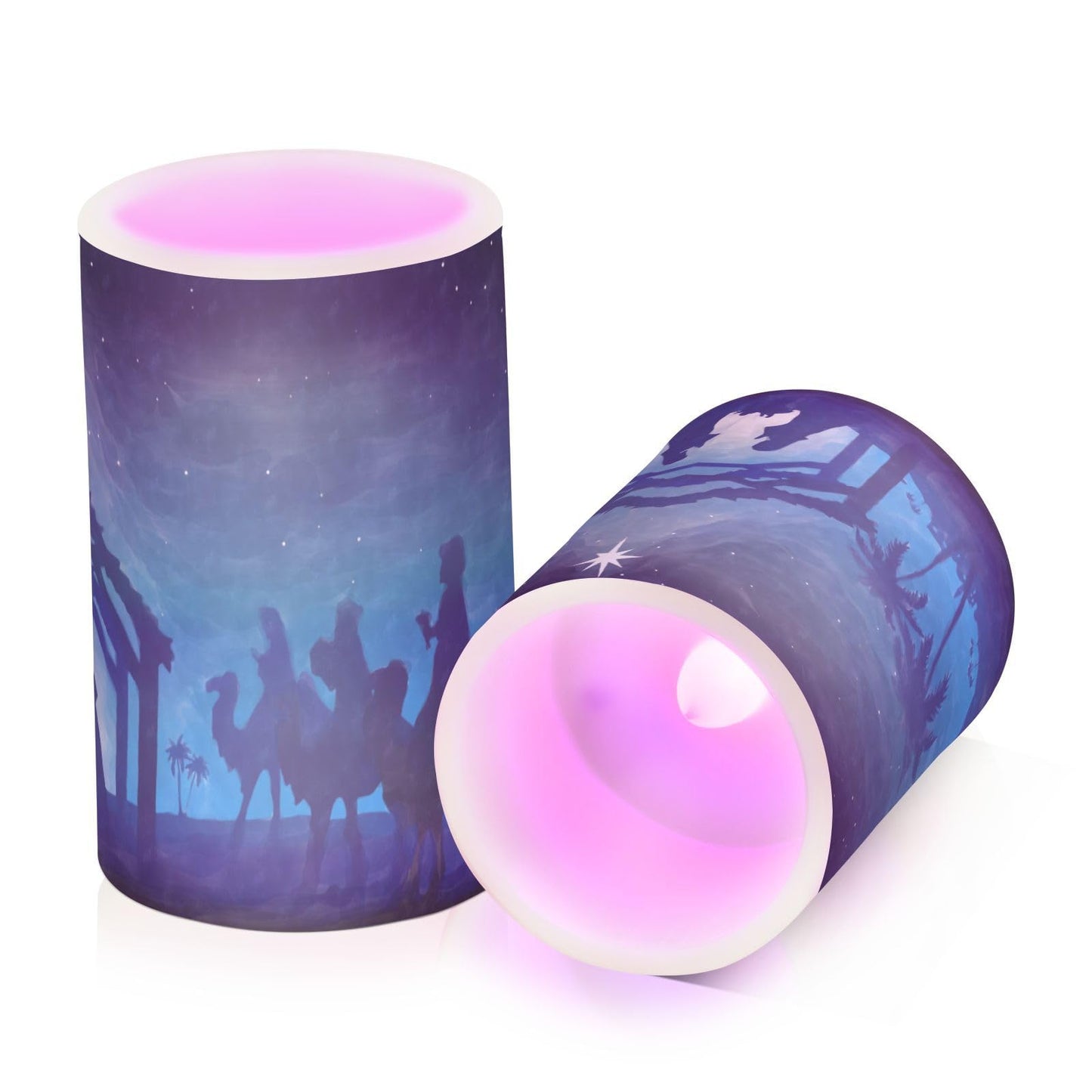 ALAZA Christmas Nativity Scene Blue Flickering Flameless Candles Battery Operated with Remote Timer,Tea Light Candles LED Pillar Votive Candles Set of 2 for Outdoor Indoor Decorations