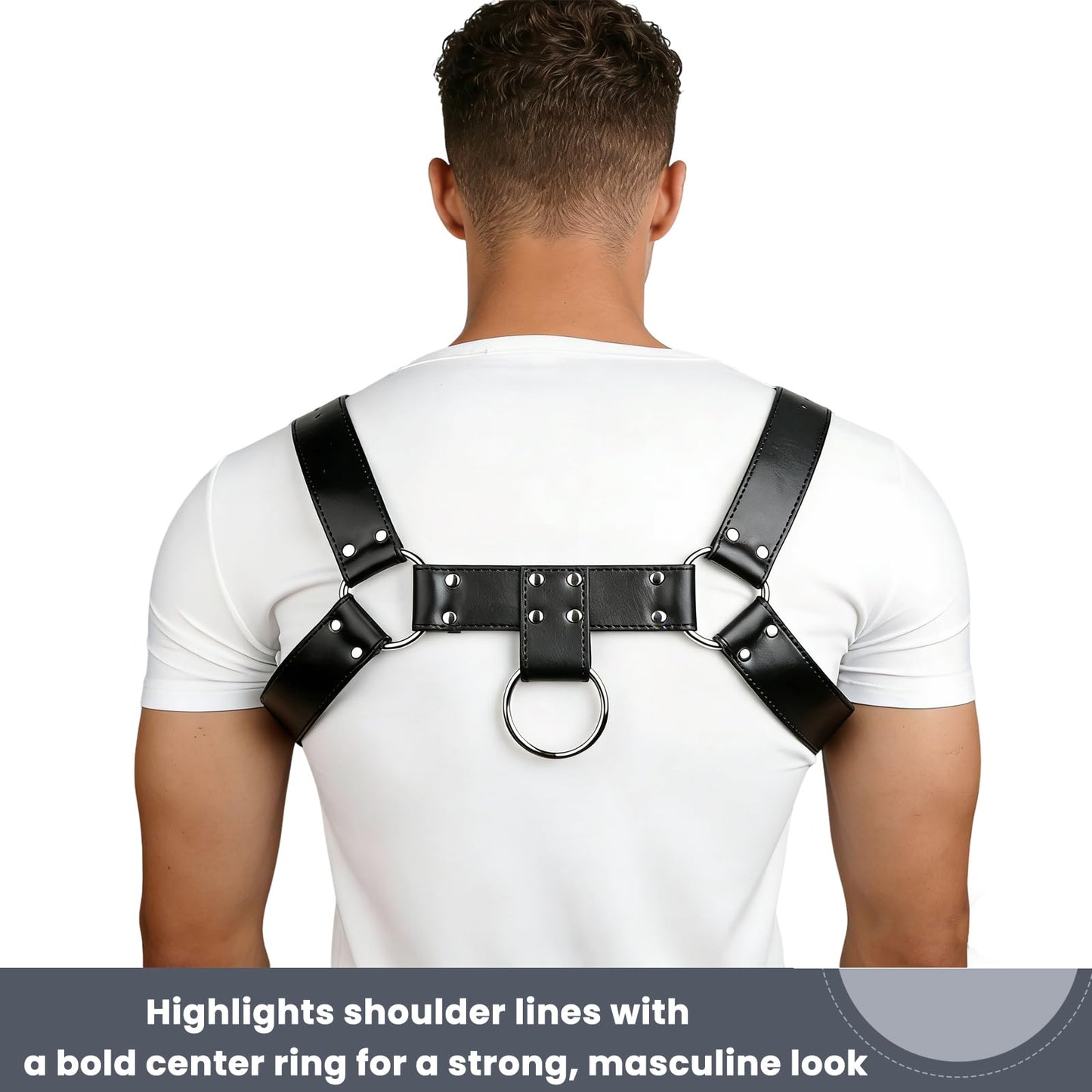 Mens PU Leather Chest Harness Costume Cosplay Top, Adjustable Body Harness Shoulder Straps Male Punk Fashion Steatement Rave Outfit for Music Festival Party Halloween Cosplay D88 (Black)
