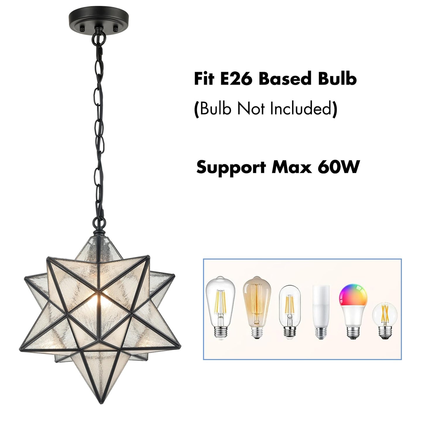 14'' Moravian Star Pendant Light Seeded Glass Star Lights with Adjustable Hanging Chain Light for Kitchen Bedroom Dining-Dimmable