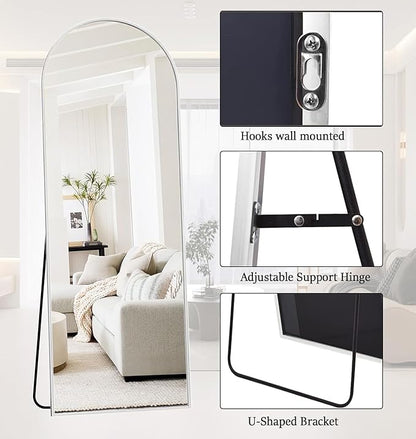 Full Length Mirror, 64"x21" Arched-Top Floor Mirror, Modern Full Body Mirrors with Stand, Wall Mirrors with Aluminum Alloy Frame for Bedroom,Living Room, White
