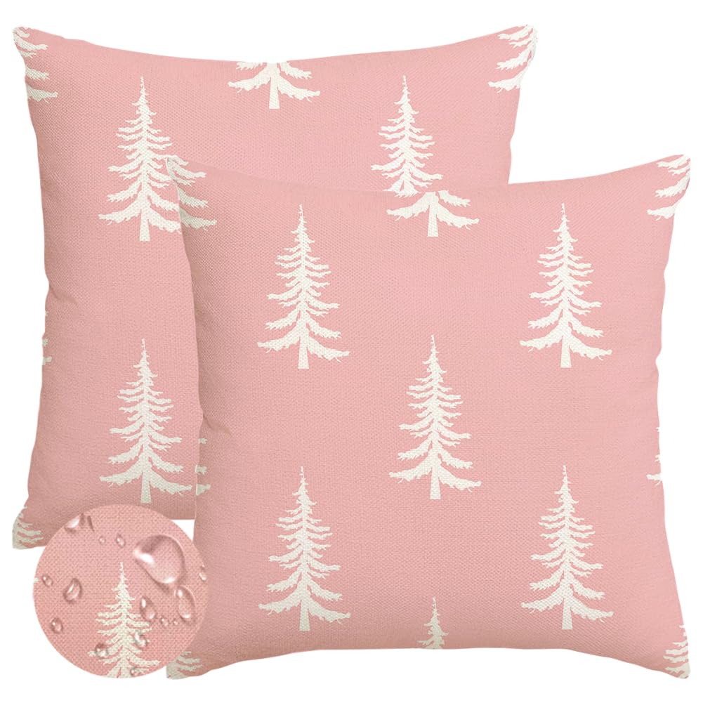 RABUSOFA Christmas Pillow Covers 18x18 inch Set of 2 Indoor Outdoor Waterproof Blush Christmas Decor Tree Decorative Throw Cushion Cases Winter Xmas Holiday Decoration for Couch Patio Pink