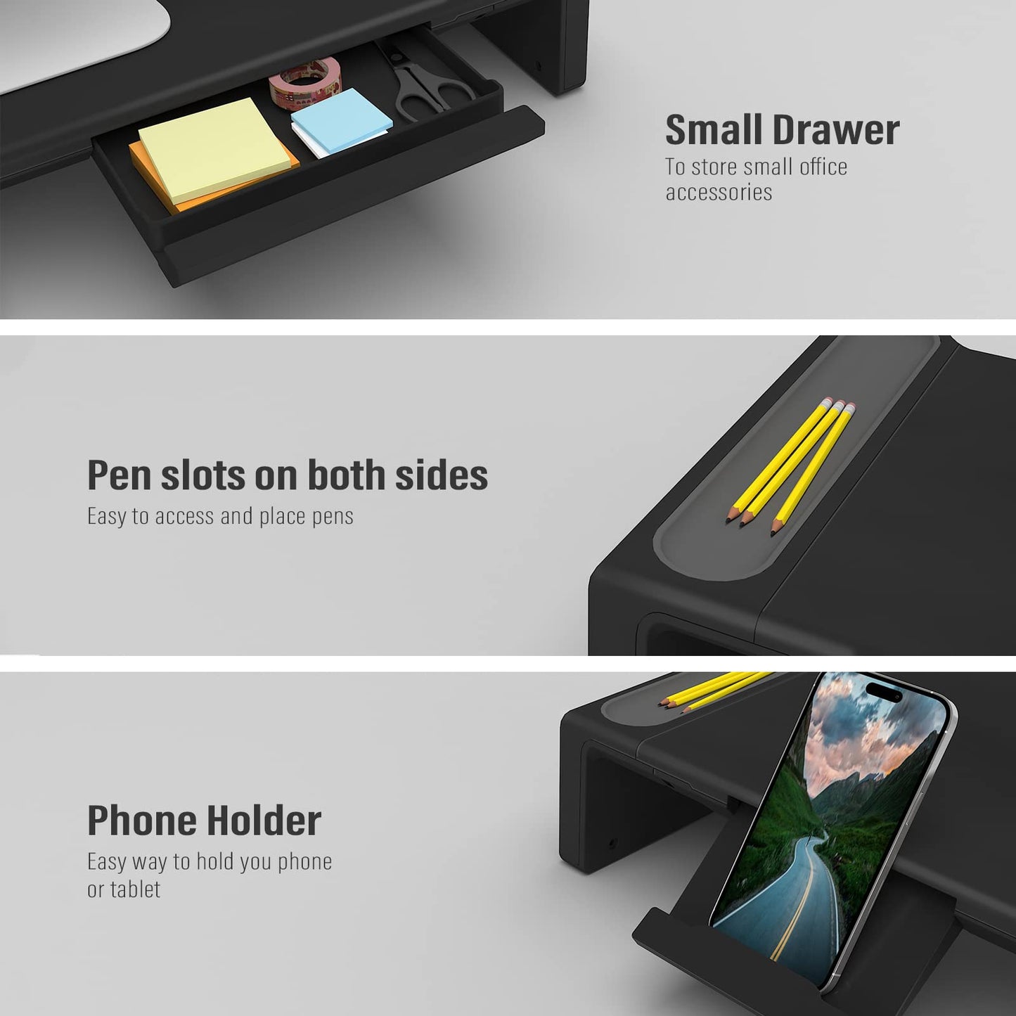 OImaster Monitor Stand Riser, Foldable Computer Monitor Riser, Adjustable Length Computer Stand and Storage Drawer & Pen Slot, Phone Stand Compatible Computer, Desktop, Laptop, Save Space (Black-Basic)