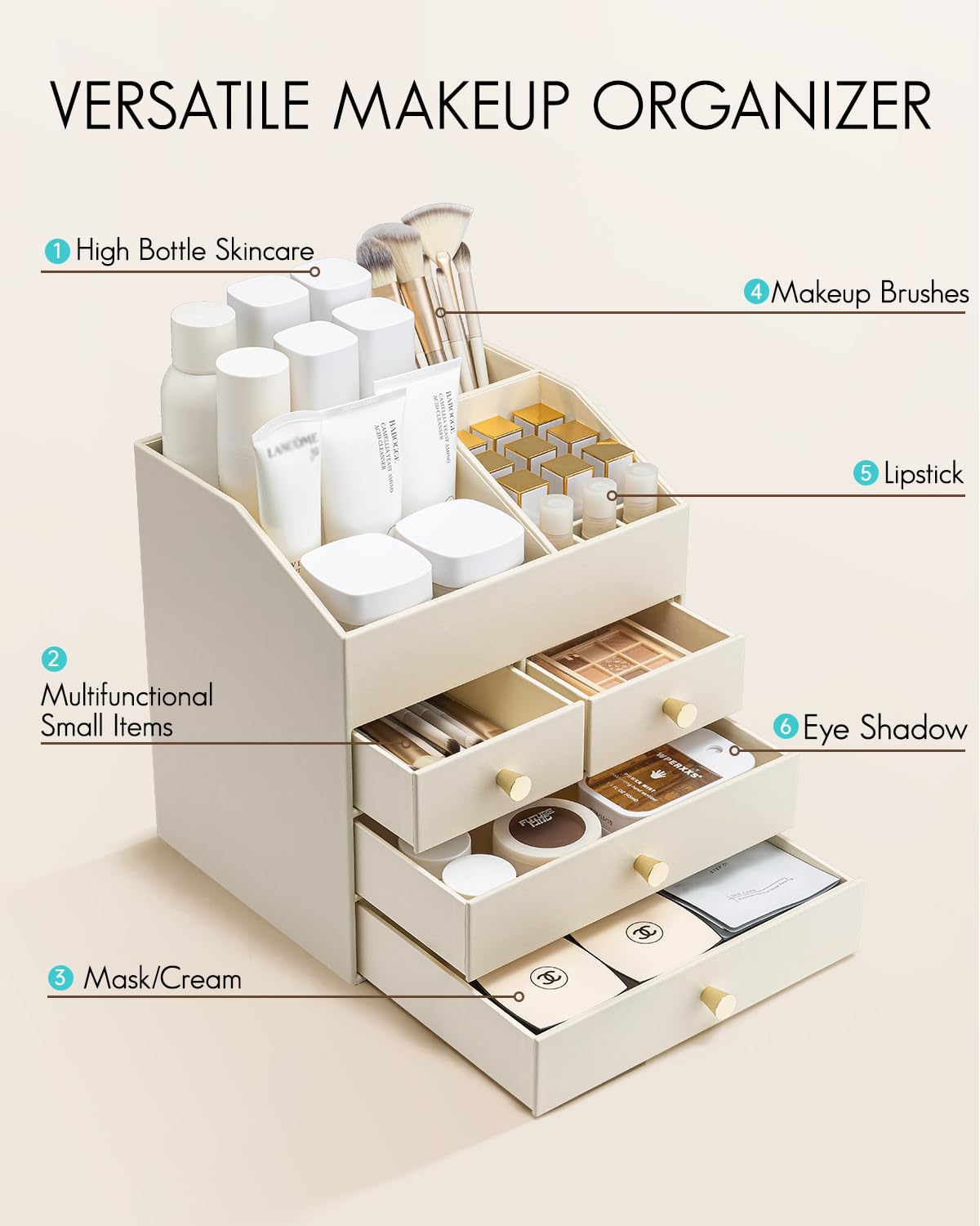 VLANDO Makeup Organizer for Vanity, PU Leather Cosmetic Organizer with 4 Drawers, Large Bathroom Countertop Skin Care Storage for Perfume Lipstick Brushes, Dresser Organizer for Women-Beige