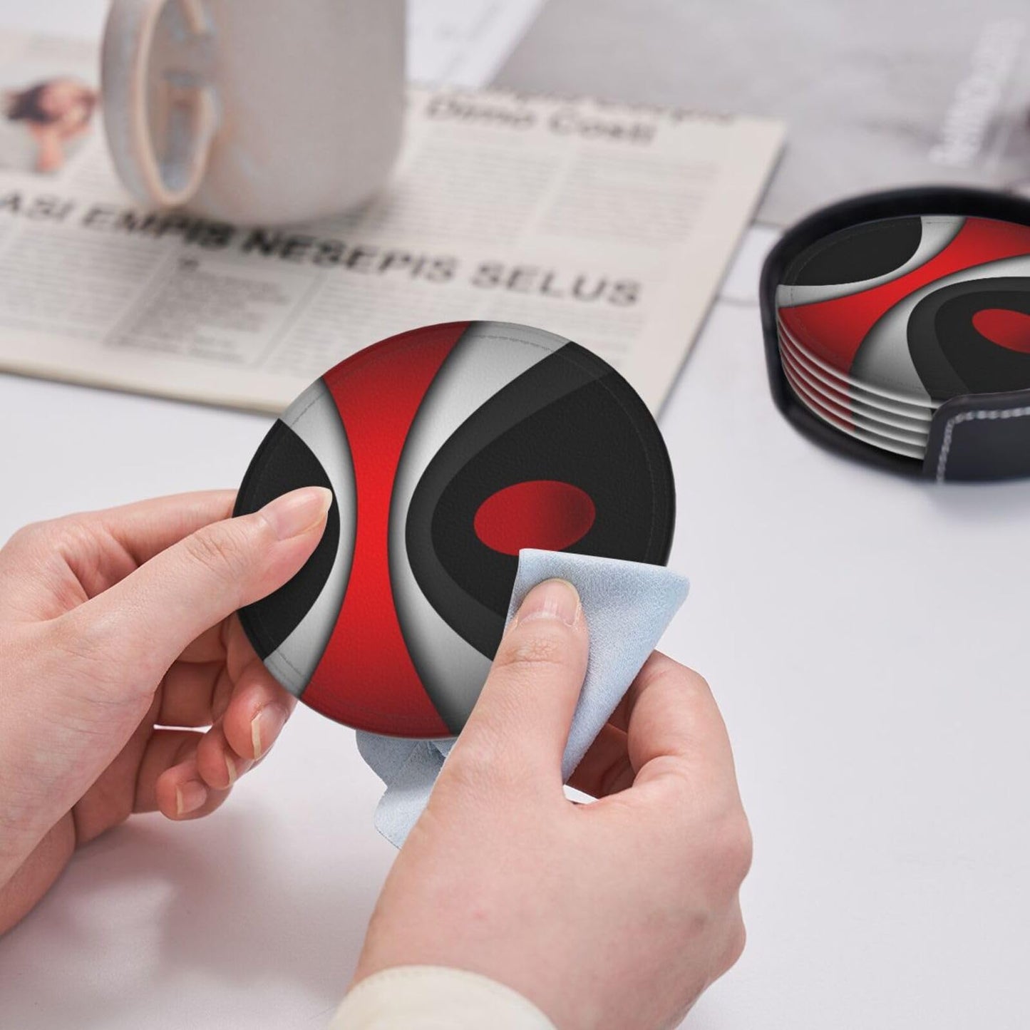 Keeawou Black in Modern Abstract Red Leather Drinks Coasters with Holder, Set of 6, Suitable for Various Cups