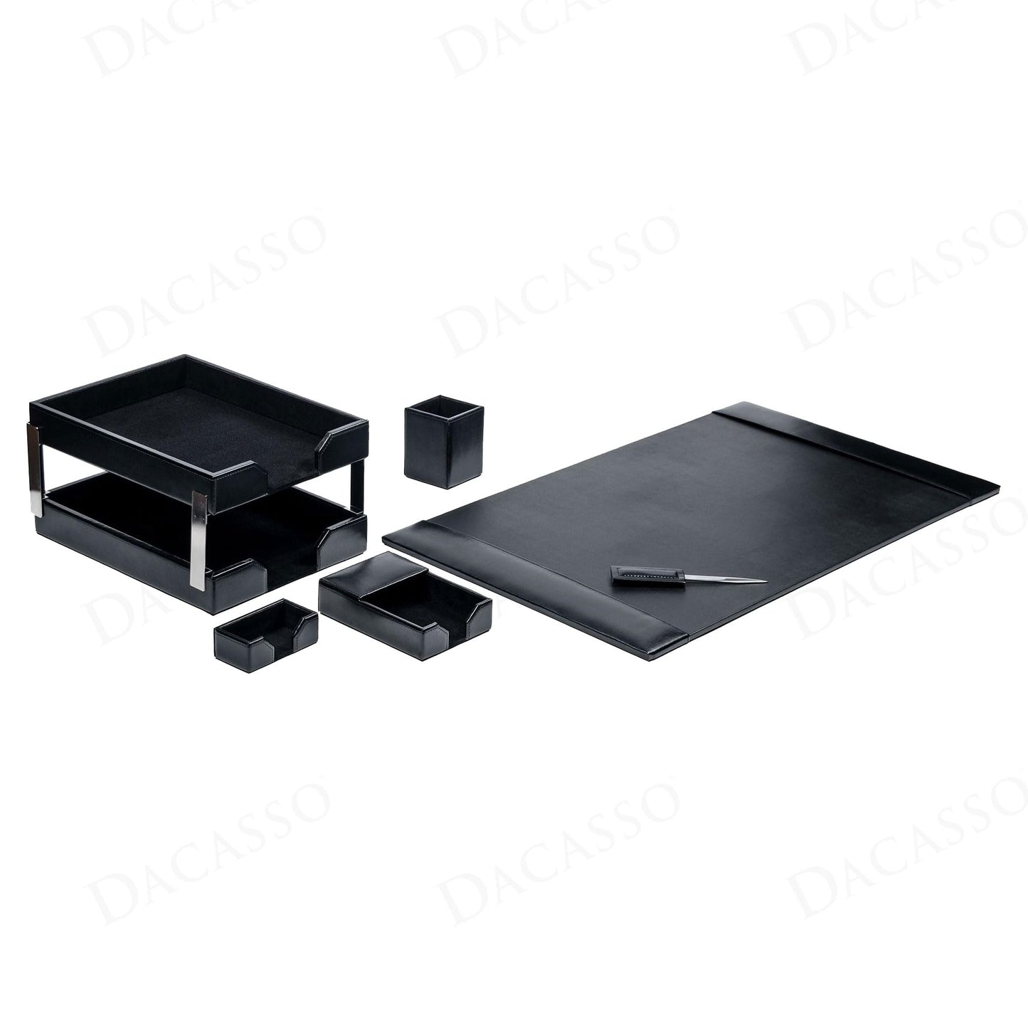 Dacasso Black Bonded Leather 8-Piece Desk Accessory Set - Organization Essentials & Executive Decor - Luxury Leather Blotter for Office Organization