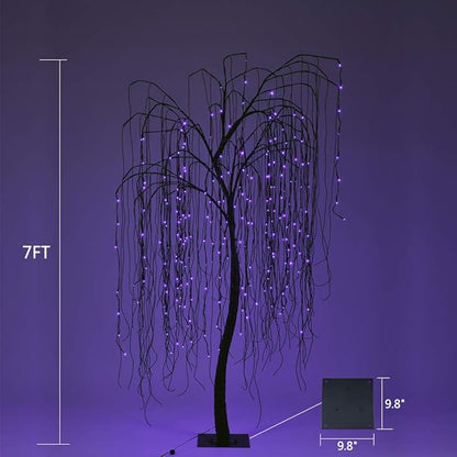 LIGHTSHARE 7 Feet Halloween Willow Tree with Spiders, 256 LED Lights for Home, Festival,Nativity, Party, and Christmas Decoration,Indoor Outdoor Use, Purple