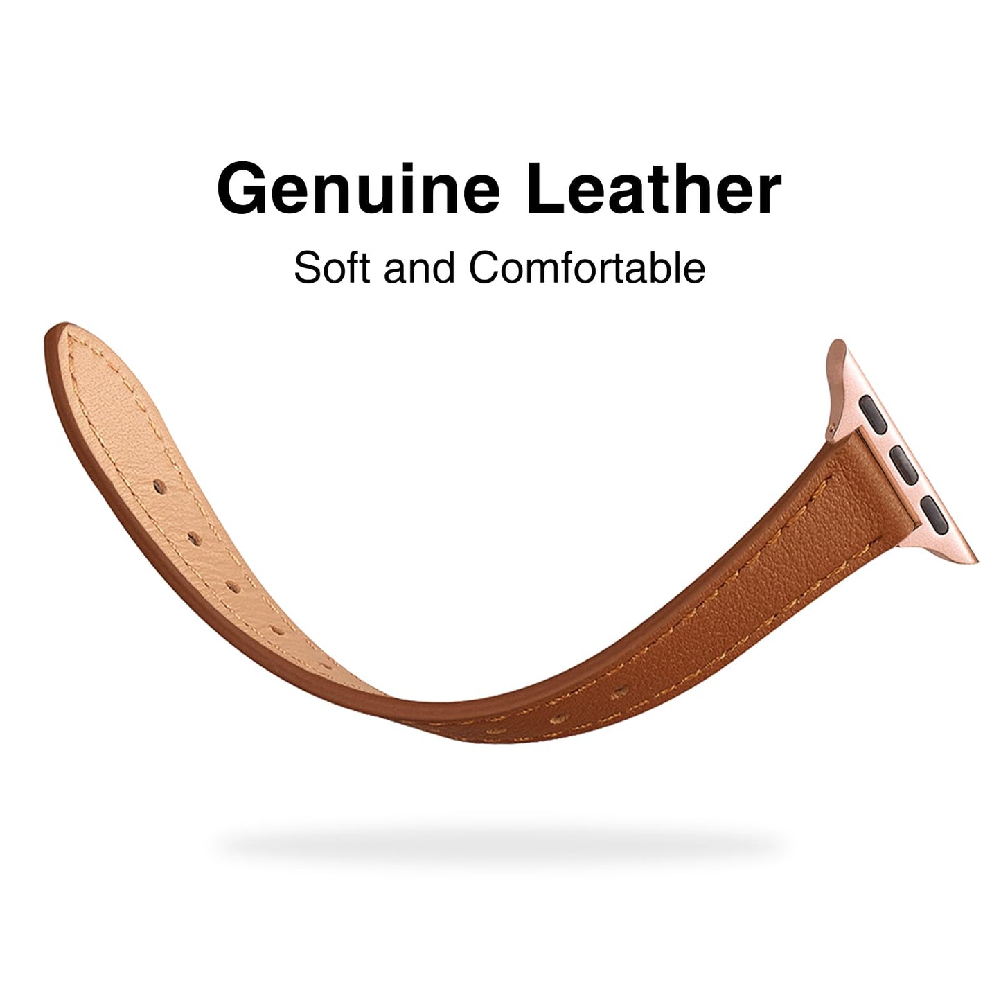 STIROLL Slim Leather Bands Compatible with Apple Watch Band 38mm 40mm 41mm 42mm(Series 11 10), Top Grain Leather Watch Thin Wristband for iWatch SE 9 8 7 6 5 4 3 2 1 (Brown Rose Gold)