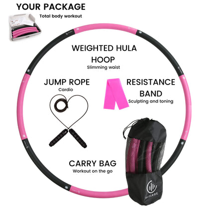 Weighted Hula Hoop for Adults - 2.8lb Detachable Exercise Hoop - Fun & Portable Fitness Circle with Jump Rope, Resistance Band & Carry Bag (Black/Pink)