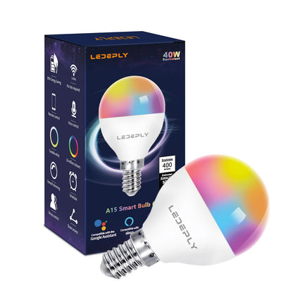A15 LED Smart Bulb, 5W=40W,Compatible with Alexa, Google Assistant, E12 Base, Dimmable, 2.4G WiFi ONLY, RGB Color Changing, Tunable White 2700K-6500K, Globe Shape, G45 Ceiling Fan Light Bulbs 4 Pack