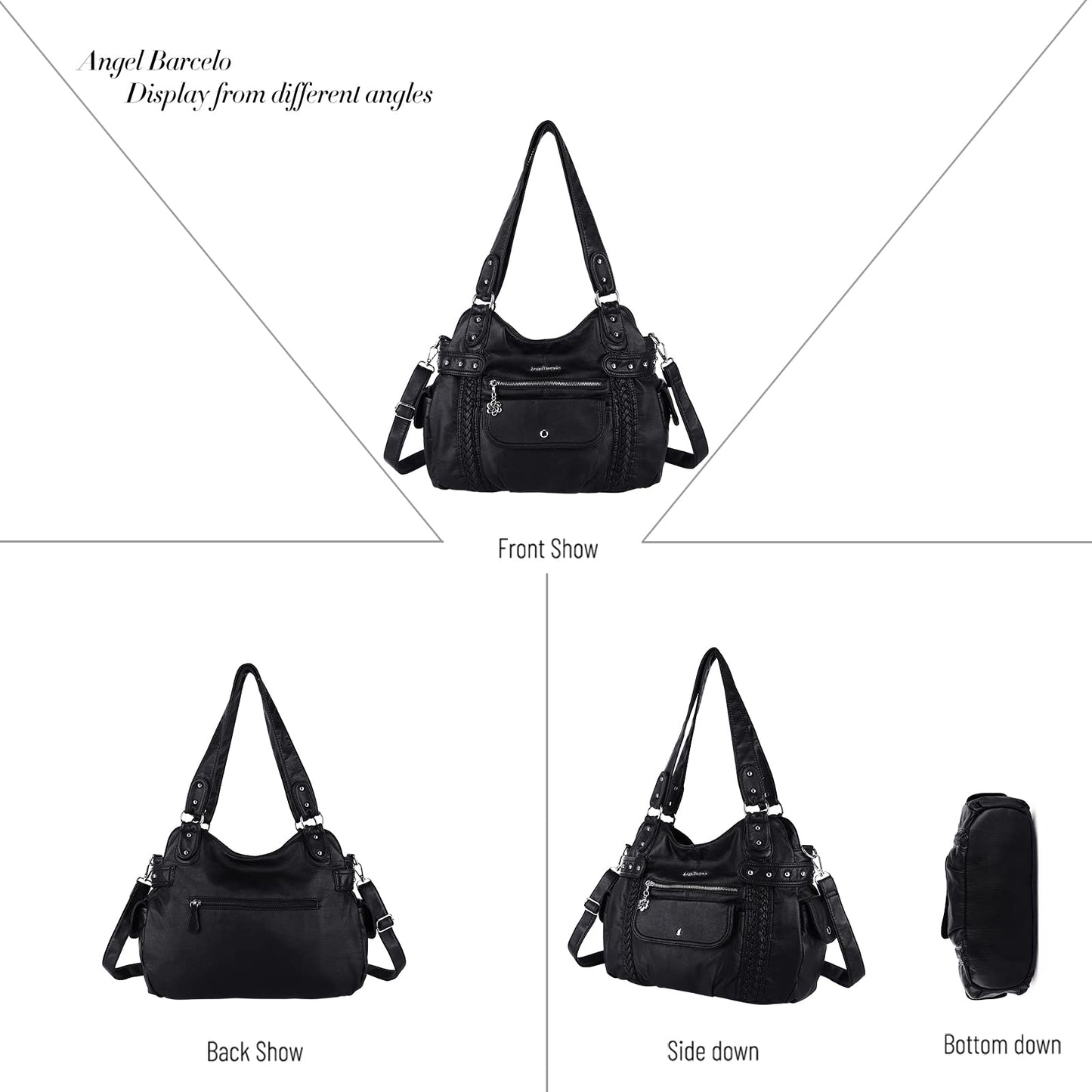 Angel Barcelo Large Purses for Women Soft PU Leather Hobo Bag for Women Shoulder Bag Black