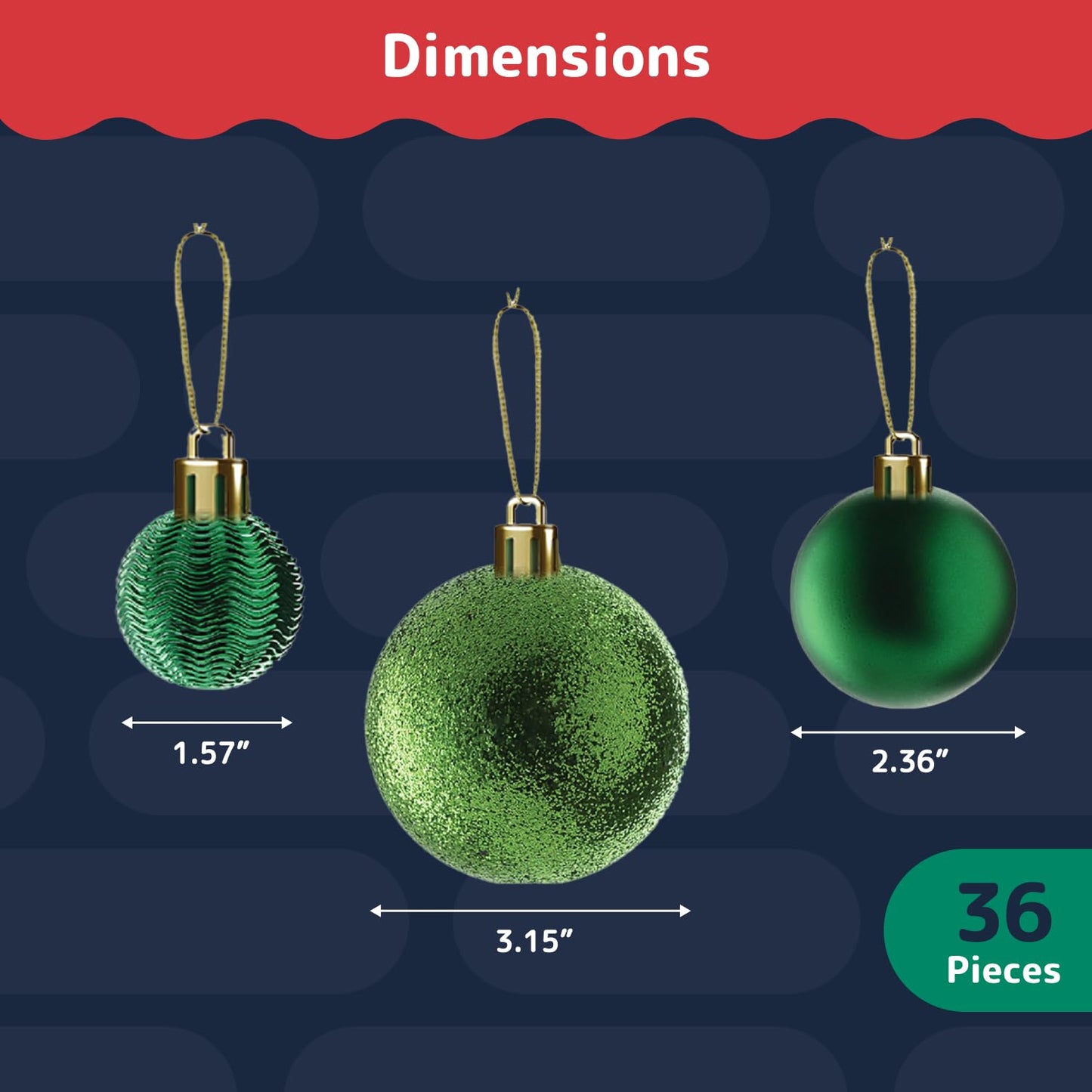 Prextex 36-Pieces Green Christmas Ornaments Set - Shatterproof, Festive Christmas Tree Balls Decorations in 3 Sizes and 6 Styles with Hanging Loops for Tree, Wreath, and Dazzling Holiday Party Decor