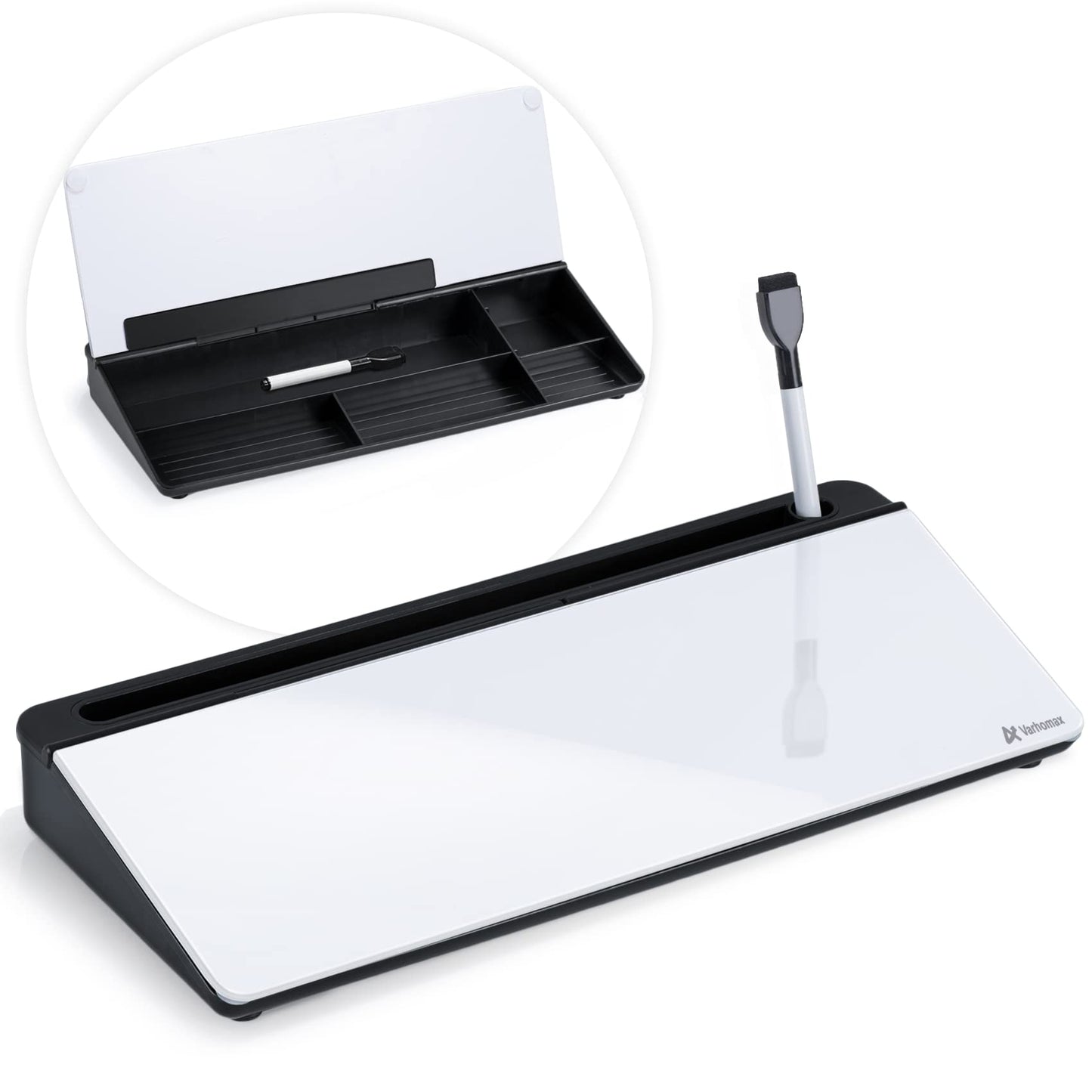 Varhomax Glass Desk Whiteboard with Storage, Desktop Organizer to-do List Memo Notepad Dry Erase White Board for Home Office and School Supplies (Black&White)