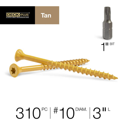 Deck Plus 3 Inch Epoxy Coated Exterior Wood and Fence Screws #10 x 3 Torx/Star Drive Included Coarse Thread, Outdoor Rust Resistant Decking Screw, Tan, 5 lb Box, 310 Pieces | 48419