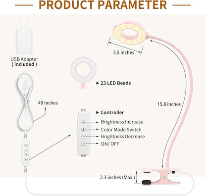 iZELL Desk Lamp, [3 Color Modes & 10 Brightness] LED Reading Light with Clamp, Flexible Gooseneck Book Light for Kids Reading Book in Bed at Night Clip on Table, Headboard, Dorm - 15.8‘’ Pink