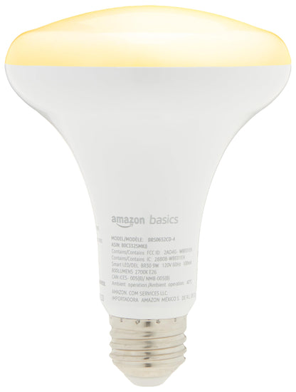 Amazon Basics Smart BR30 LED Light Bulb, Dimmable Soft White (2700K), 9W (60W Equivalent), 800LM, Works with Alexa Only, 2.4 GHz Wi-Fi, No Hub Required, 4 Pack