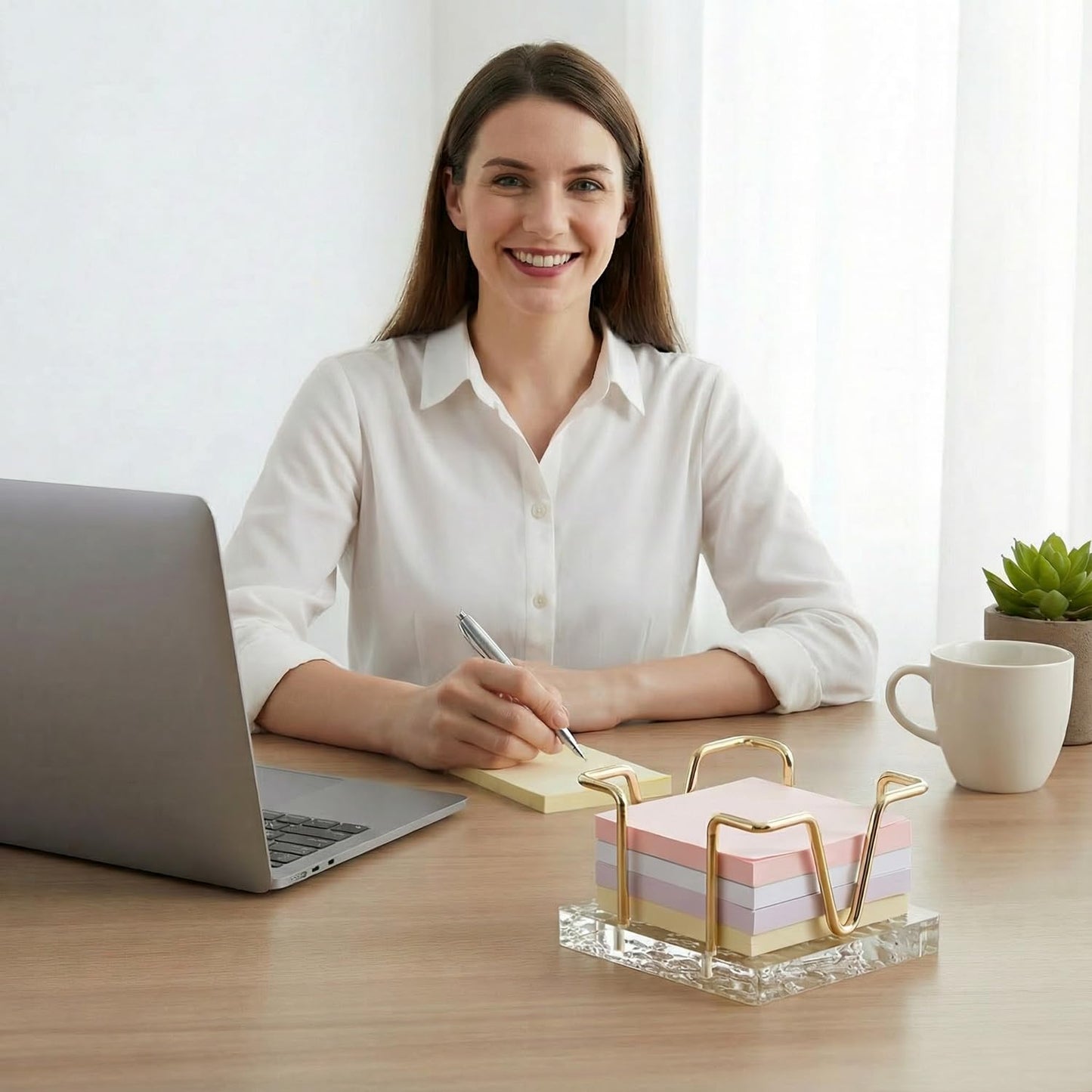 Acrylic Sticky Note Holder, 3 x 3 inch Self-Stick Note Memo Pad Holder for Desk, Notepad Dispenser Organizer for School Office Home, Gold