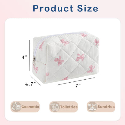 RSRSLEII Small Quilted Cotton Makeup Bag, Cute Floral Cosmetic Bag, Cotton Aesthetic Makeup Pouch, Kawaii Travel Toiletry Bag for Women and Girls (12White Pink Bow)