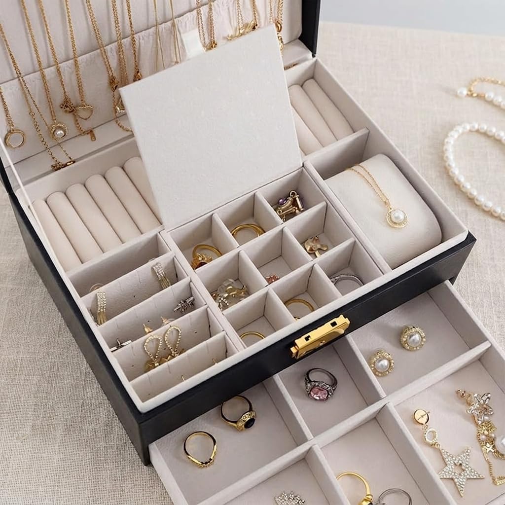 GUOER Jewelry Box for Women Girl Wife - Large PU Leather Jewelry Organizer Storage Case with Two Layers Display for Earrings Bracelets Rings Watches Mothers Day Gifts (Black)