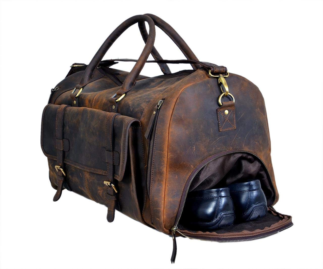 Cureo 24 Inch Genuine Leather Duffle Bag for Men and Women Travel Overnight Weekender Sports Gym Carry on Luggage