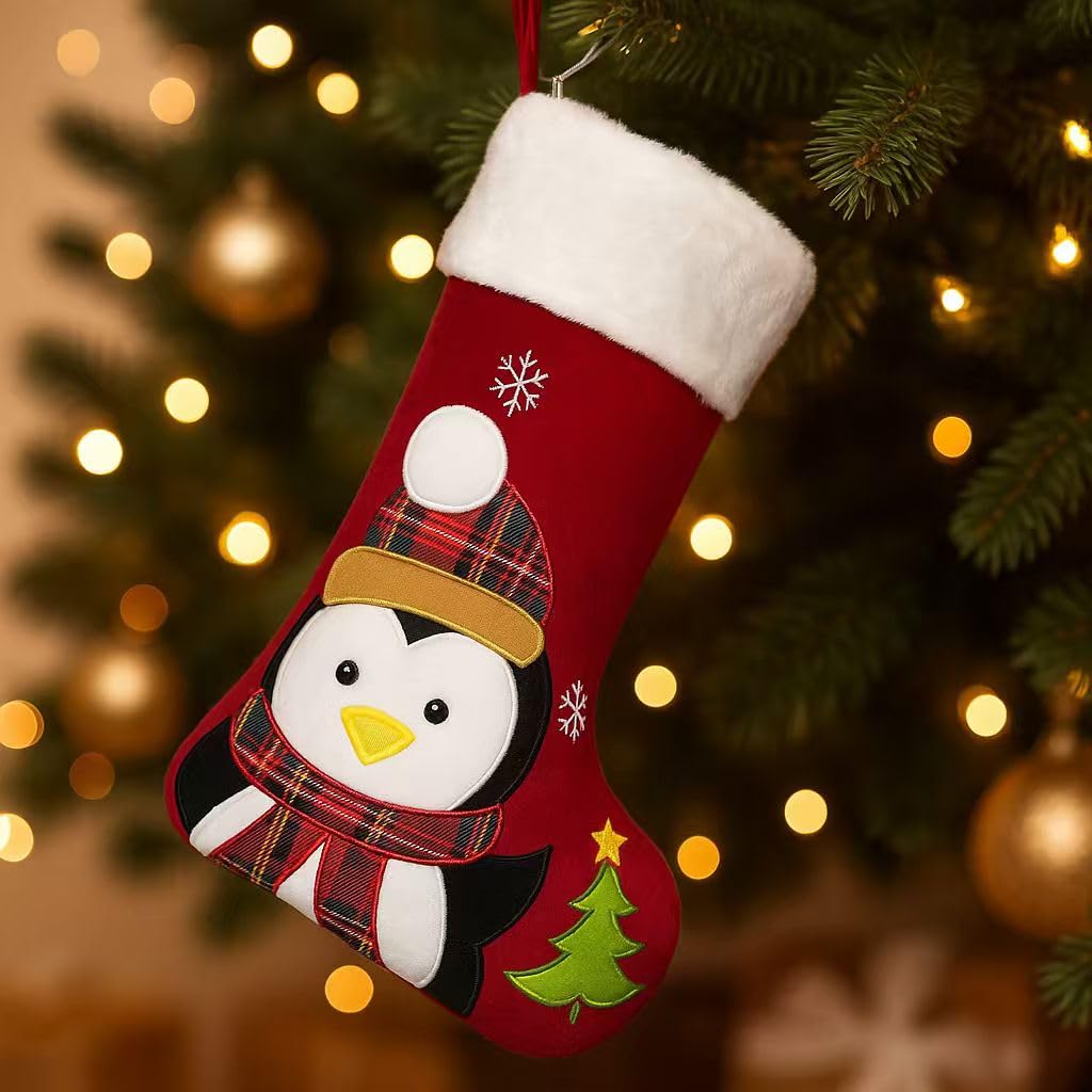 Animal Christmas Stockings with Lined, 20 inch Velvet 3D Deer, Penguin, Reindeer, Bear Snowman Xmas Stockings for Kids Girls Boys Christmas Decorations (Red Penguin)