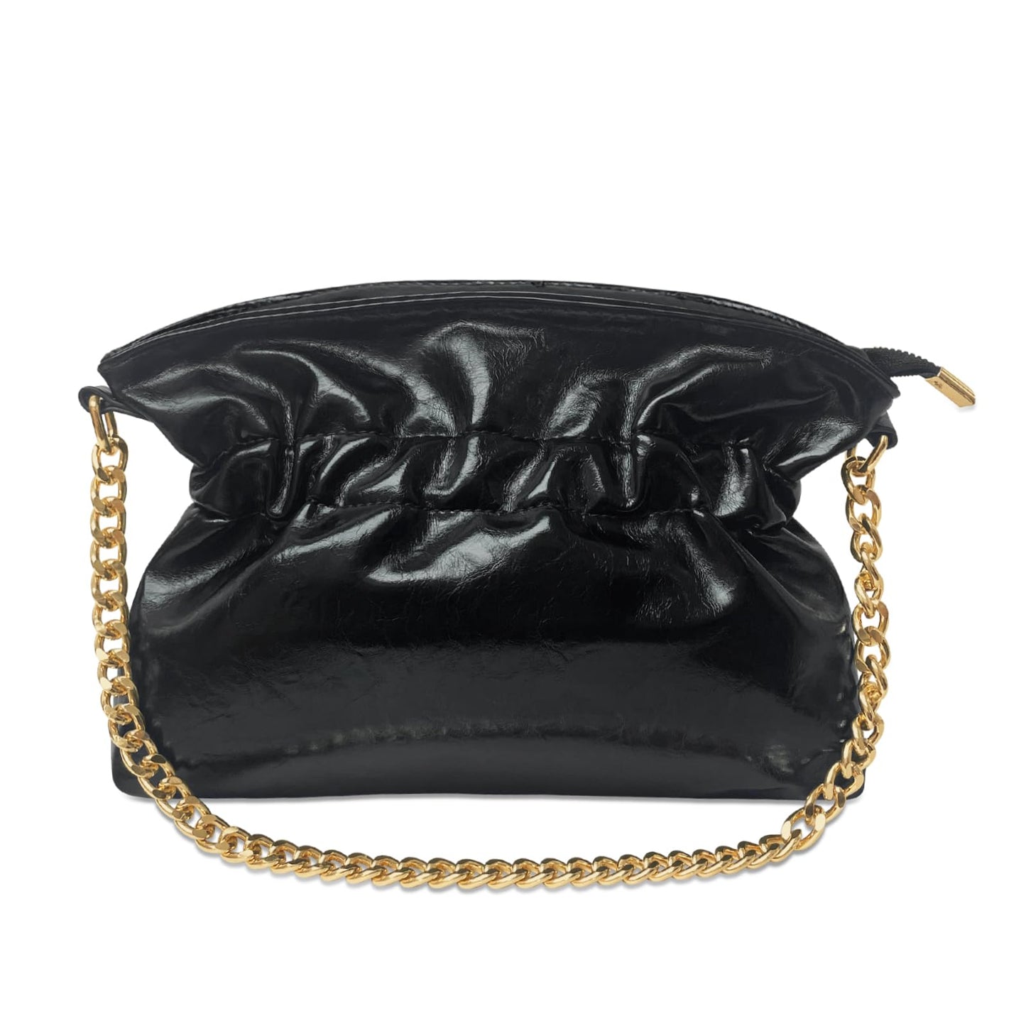 KKXIU Evening Clutch Purses for Women Shiny Metallic Solid Color Crossbody Bag with Gold Chain Strap Elegant Party Wedding Handbag (Black)