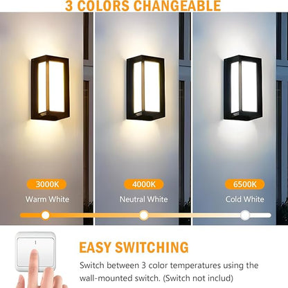 wowlite Modern Outdoor Wall Lights 2 Pack, LED Outdoor Wall Sconce 3 Colors Changeable, Matte Black Exterior Lighting Fixtures, IP65 Waterproof Outside Lights for House Porch Front Door