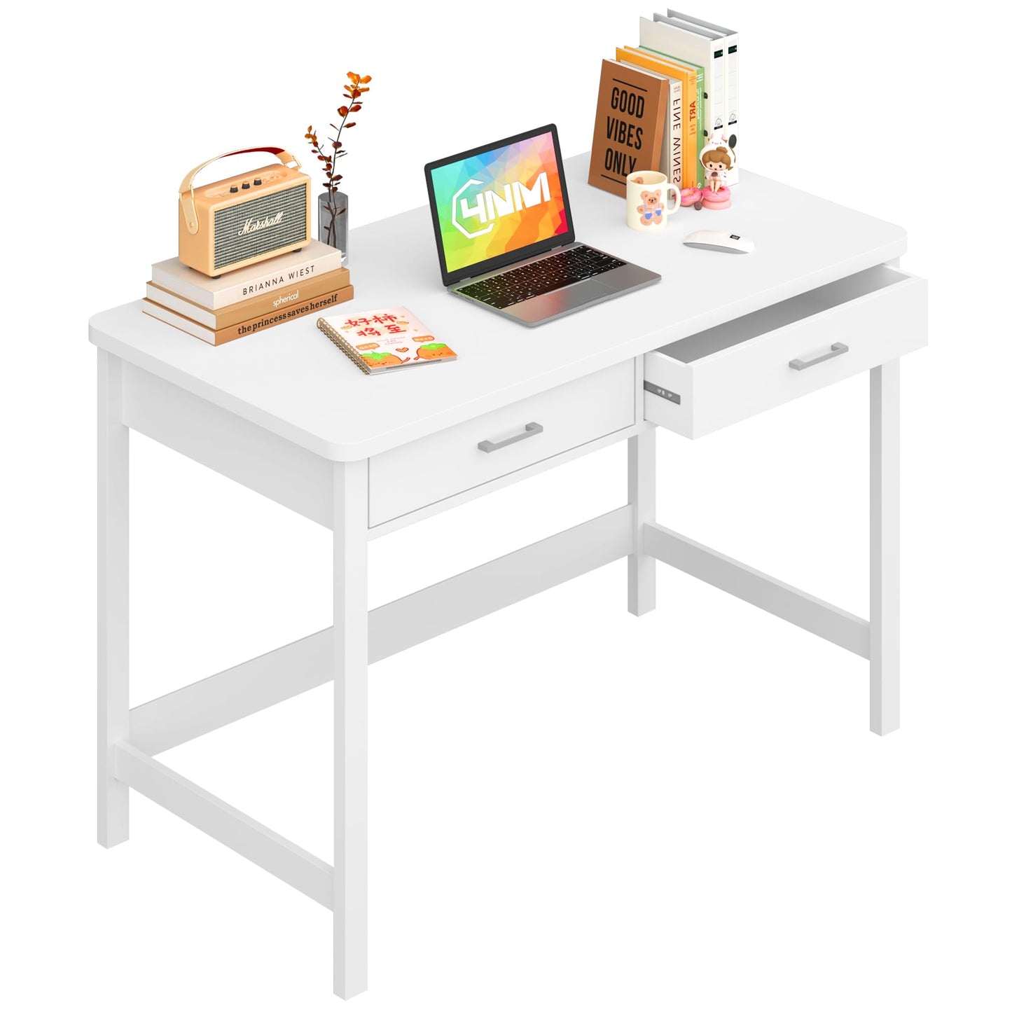 4NM 39.4" Computer Desk with Drawer, Morden White Home Office Desk, Study Writing Table with Storage for Small Spaces,Vanity Desk Makeup Table for Bedroom - White