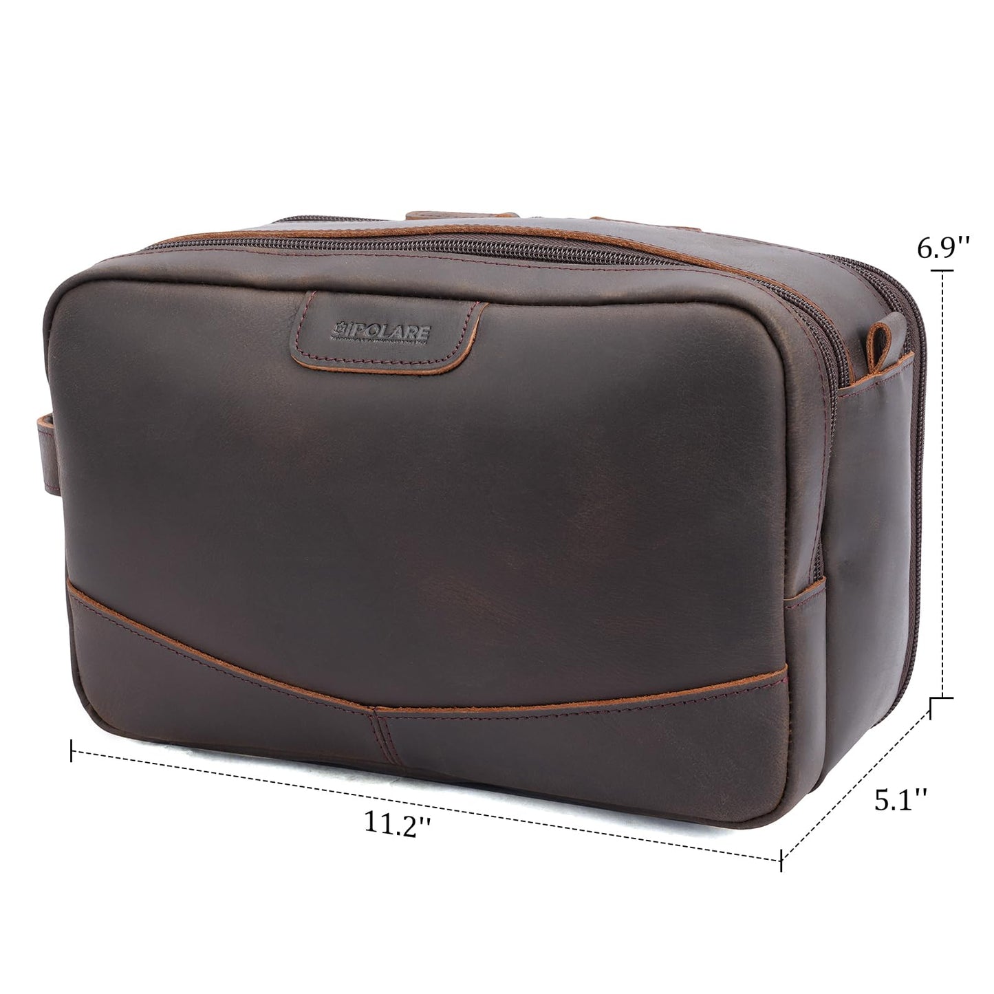 Polare Full Grain Leather Toiletry Bag for Men, Portable Travel Dopp Kit, Large Shaving Kit Organizer Cosmetic Case, Wash Pouch with YKK Zippers