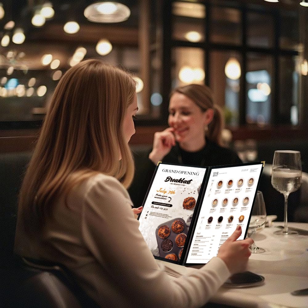 Goodsmart Restaurant Menu Covers – 25 Pack Black 4-View 8.5" x 14", Side-Loading Vinyl & Plastic Menu Holders, Clear Menu Sleeves, Leather-Style Café Covers with Gold Corners