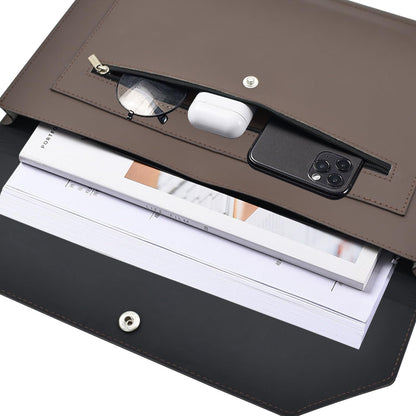 VANRA 1 Piece PU Leather Expanding File Folder Organizer Document Holder with Snap Button Zippered Pocket, Portfolio Envelope Folder Case for A4 Letter Size Paper (Dark Brown)