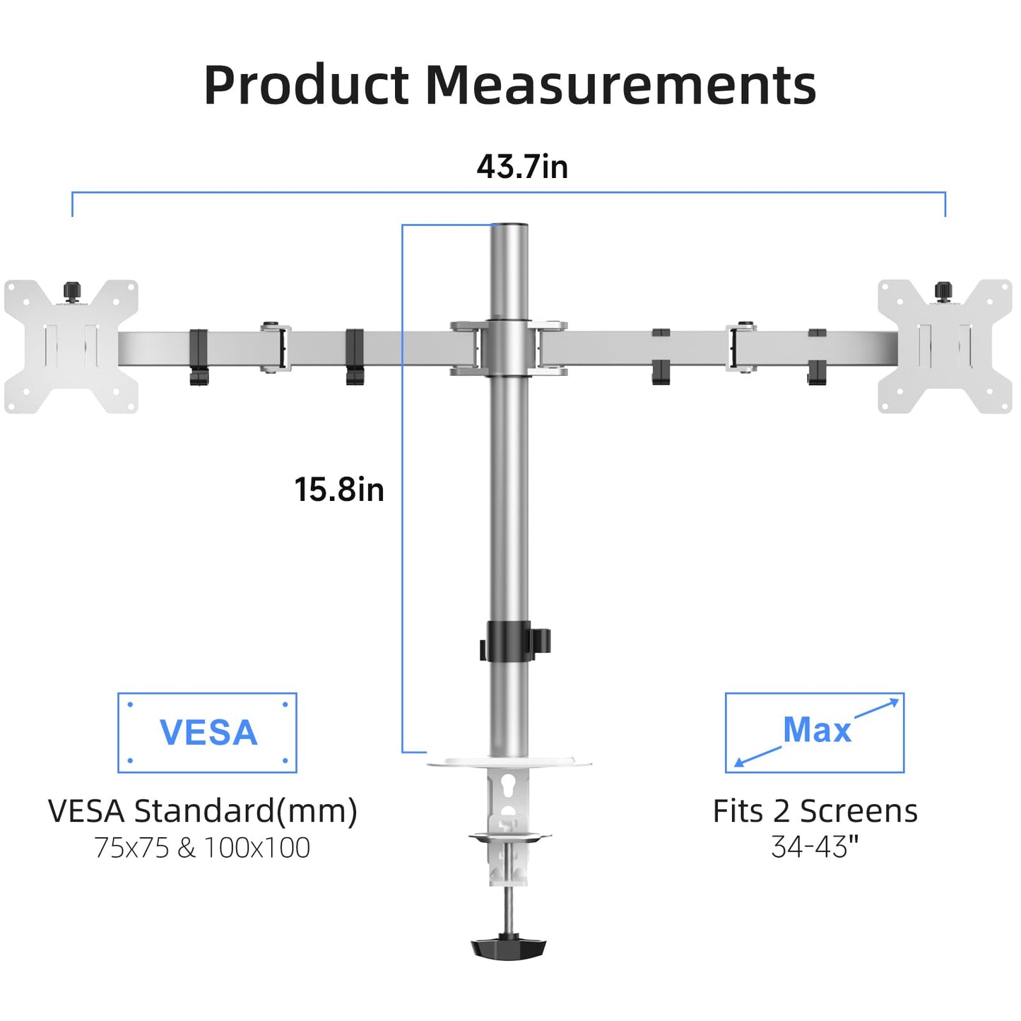 Suptek Dual Monitor Desk Mount, Adjustable Dual Monitor Arm for 2 Monitor Screens up to 43 inch, 15.75" Pole Monitor Stand for Desk, Holds up to 22 lbs,Silver(MD9442LS)