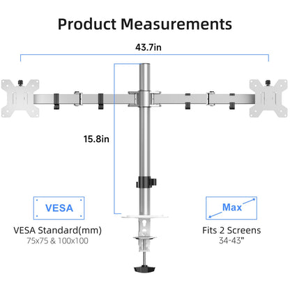 Suptek Dual Monitor Desk Mount, Adjustable Dual Monitor Arm for 2 Monitor Screens up to 43 inch, 15.75" Pole Monitor Stand for Desk, Holds up to 22 lbs,Silver(MD9442LS)