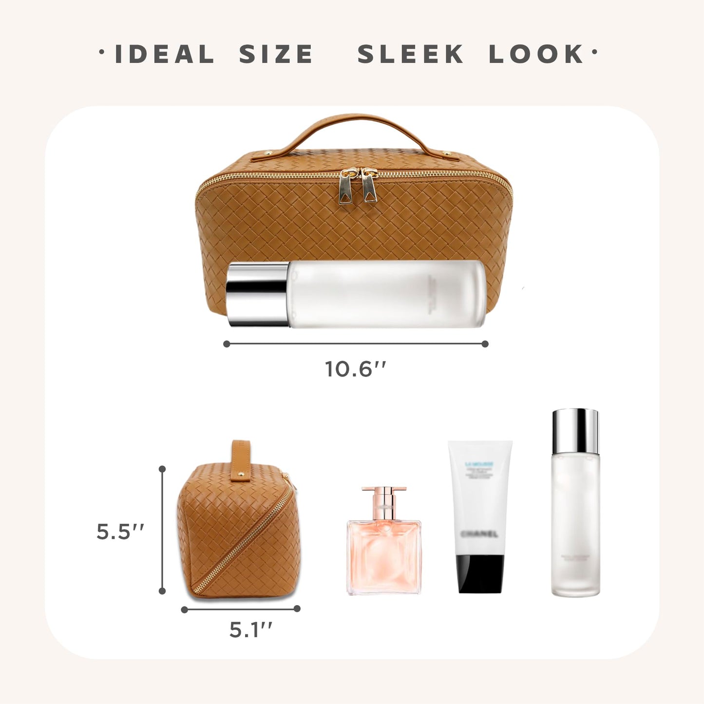 JINYIBAGS Travel Makeup Bag – Large Cosmetic Organizer with Waterproof PU Leather, Smooth Double Zipper & Tear-Resistant Lining, Toiletry Pouch for Women (Caramel)