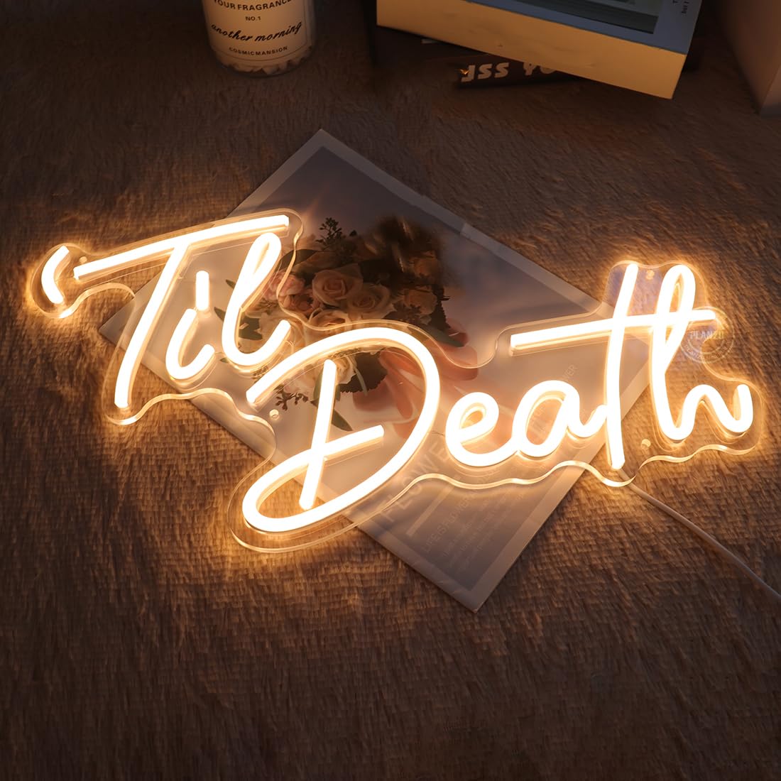 Planzo Til Death Neon Sign Bedroom Wall Decor Led Light Gothic Wedding Party Home Decor Engagement Proposal Christmas Gift 5V USB Powered with Dimmer Switch 17IN Warm White
