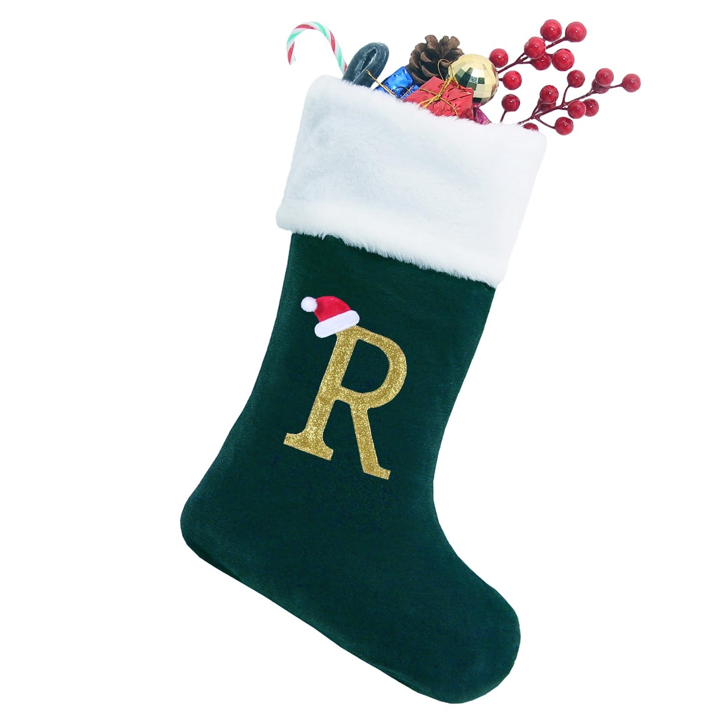 20 Inches Monogram Christmas Stockings with Letters, Large Super Soft Christmas Stockings Blackish Green Velvet with White Super Soft Plush Cuff for Xmas Tree Fireplace Gold Letter R