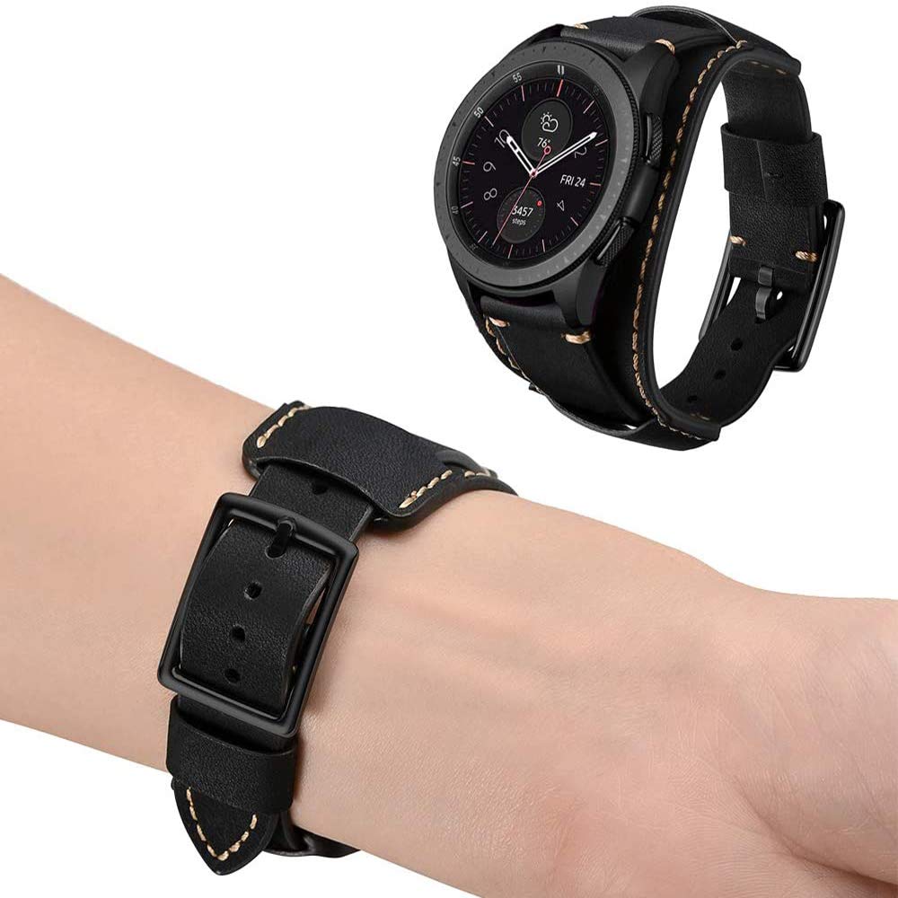Sjiangqiao Compatible with Samsung Galaxy Watch 46mm/Gear S3 Frontier/Classic Bands, 22mm Vintage Genuine Leather Replacement Strap Cuff Bracelet Wristband Accessories Wrist Belt for Men Women(Black)