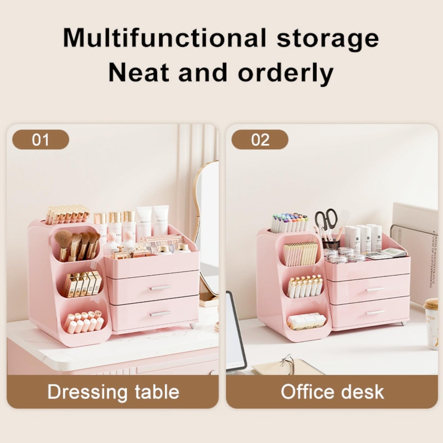 KQJS Makeup Organizer with Drawers,Large Capacity Countertop Organizer for Vanity,Bathroom and Bedroom Desk Cosmetics Organizer,Easy To Storage Skincare,Brushes,Lotions (All Pink)