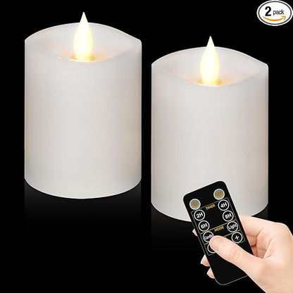 3"x4" Flickering Flameless Battery Candles with Timer, White Realistic LED Pillar Candles, Set of 2 Large Remote-Operated Candles for Home Indoor/Outdoor & Holiday Decor