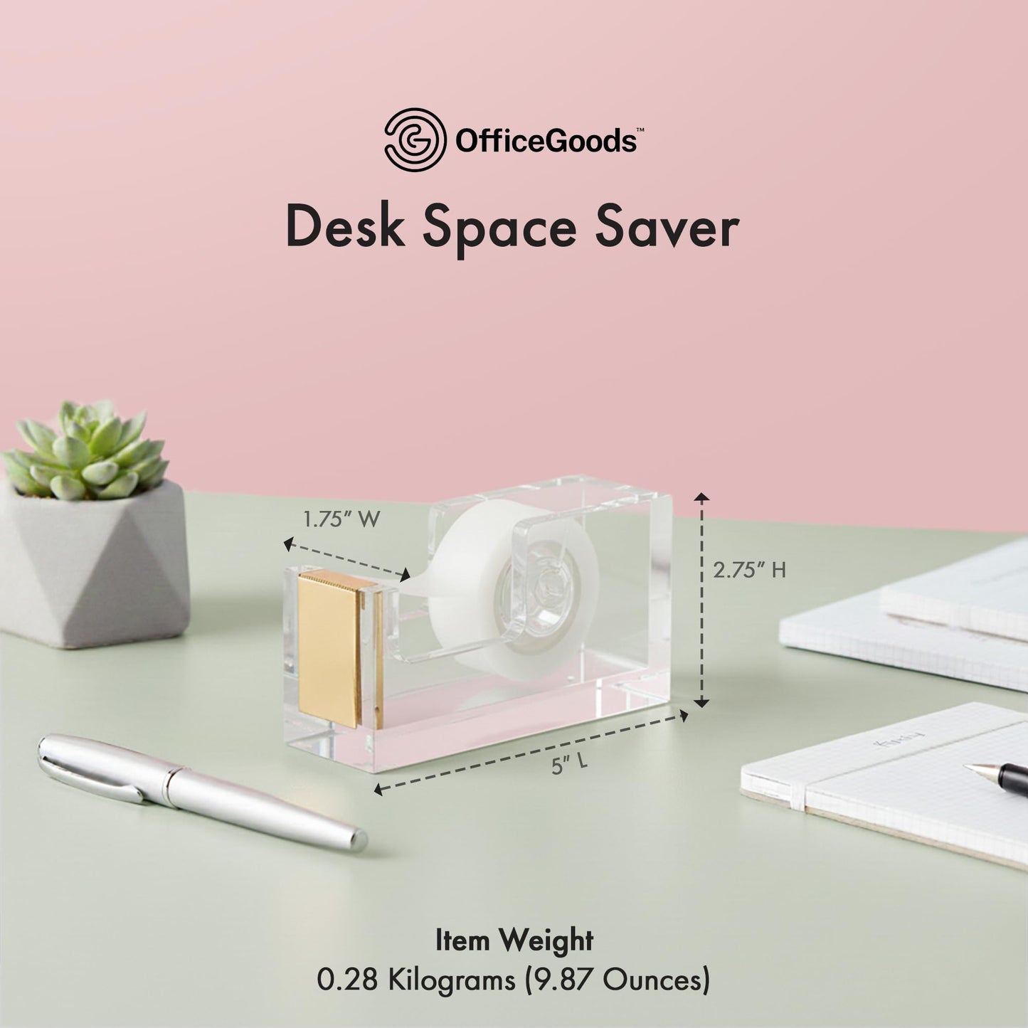 OfficeGoods Acrylic Tape Dispenser – Modern Desk Organizer for Office Supplies, Heavy Duty Refillable Tape Holder for Home and School Crafting, Stylish Desktop Accessory for Gift Wrapping, Gold