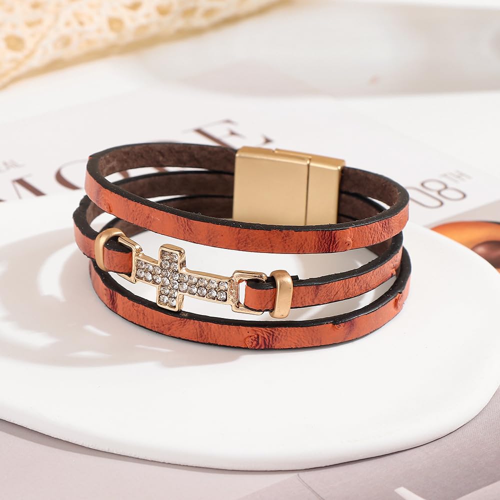 Cross Leather Bracelets Wrap Bracelets for Women Layered Leather Bracelets Bangle Cuff Jewelry for Lady （Reddish brown）