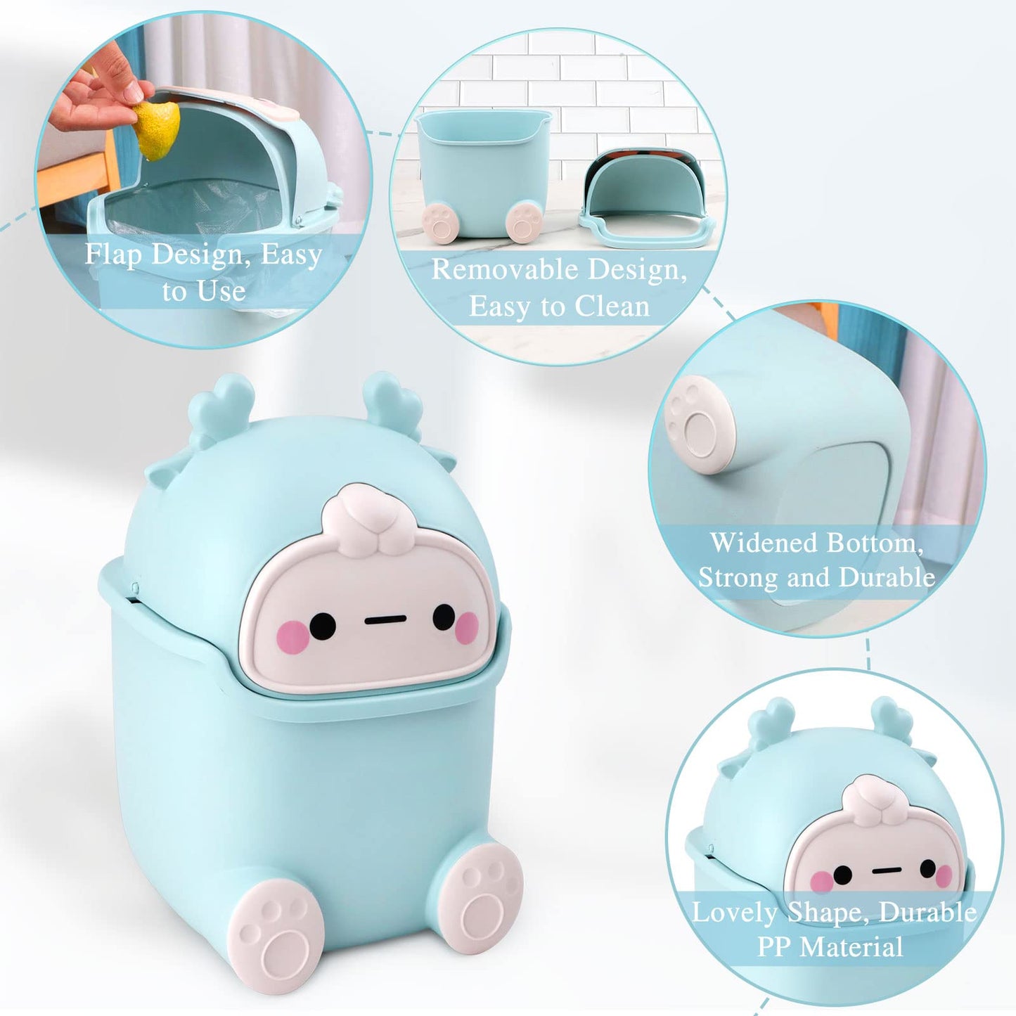 QLFJ-FurDec Cute Desktop Trash Can Wastebasket with 90 Trash Bags, Creative Tiny Countertop Garbage Can with Flip Lid, Small Plastic Storage Bin for Bedroom, Bathroom, Kitchen, Office(Sky Blue)