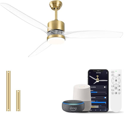 OKELI 52" Smart Ceiling Fan with Light, WiFi Enabled for Alexa & App Control, Reversible Gold Modern Ceiling Fan with Dimmable LED Light and Remote, Clear Blades for Living Room Bedroom