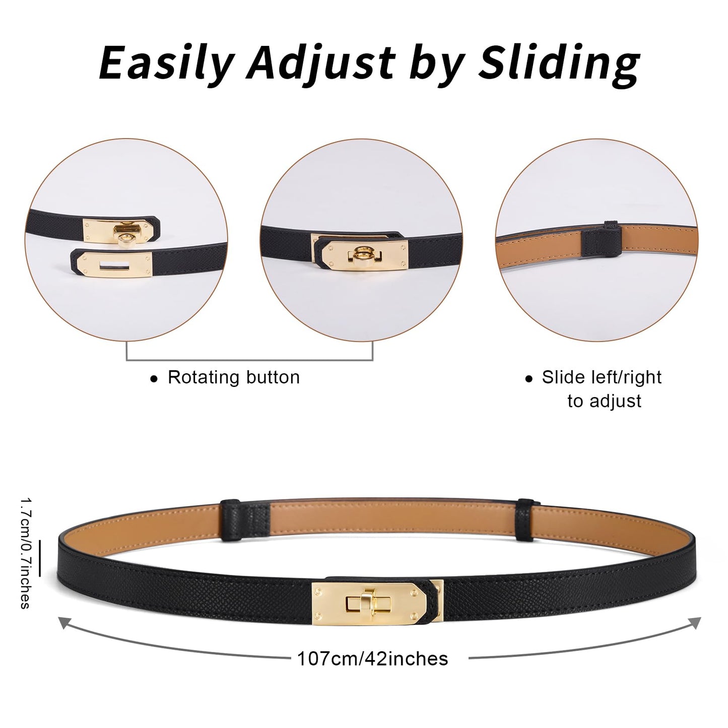 Fianmy Skinny Leather Belts for Women with Adjustable Silver Turn-Lock Buckle for Dresses Jeans and Pants (Black with Gold Buckle and Brown with Gold Buckle)