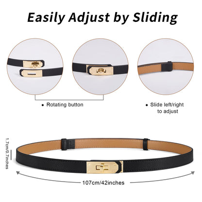 Fianmy Skinny Leather Belts for Women with Adjustable Silver Turn-Lock Buckle for Dresses Jeans and Pants (Black with Gold Buckle and Brown with Gold Buckle)