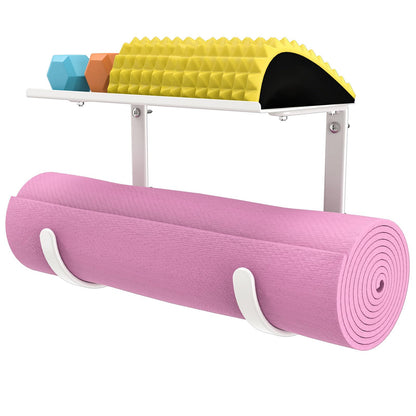 Yoga Mat Holder Wall Mount, No-Tie Mat Storage, Exercise Mat Storage Rack with Top Floating Shelf, Holding Yoga Blocks/Rollers and Pilates Mat, Workout Mat, Home Gym Equipment Accessories